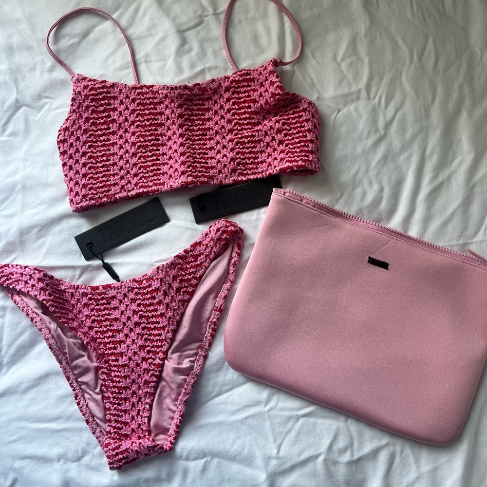 Pink Crochet Bikini Set with Pouch